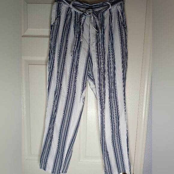 Hot Kiss 11 WhiteGreyStriped 100%Cotton Pockets Ankle Length Women's SummerPants - Picture 1 of 4